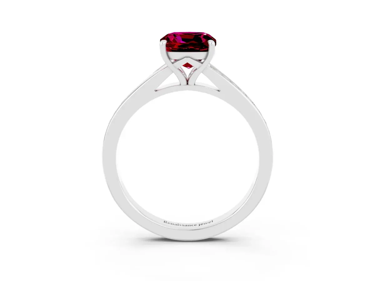Cushion Cut Garnet Solitaire Ring with Pavé Band and Prong Setting Silver