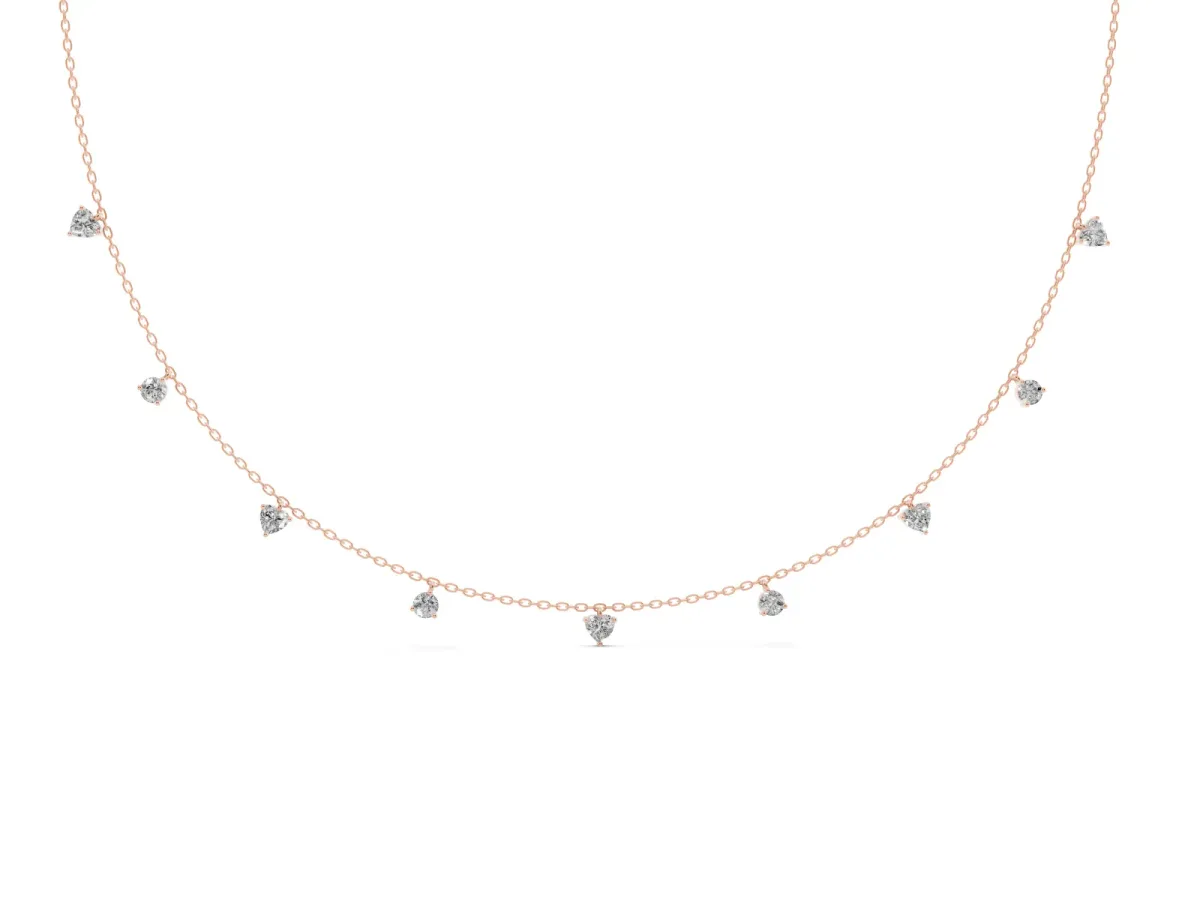 Heart and Round Diamond Station Necklace Rose gold