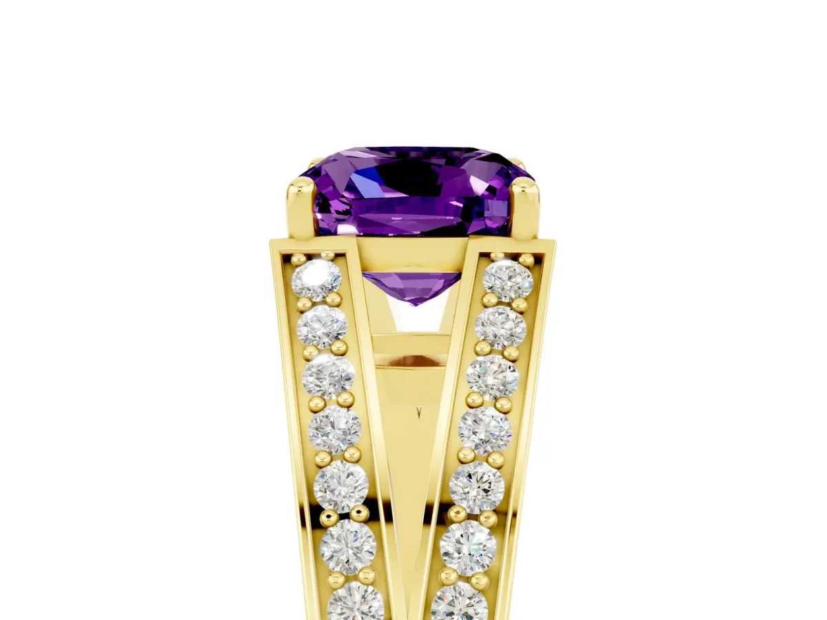 Cushion Cut Amethyst Split Shank Ring with Pavé Band and Four-Prong Setting Yellow gold