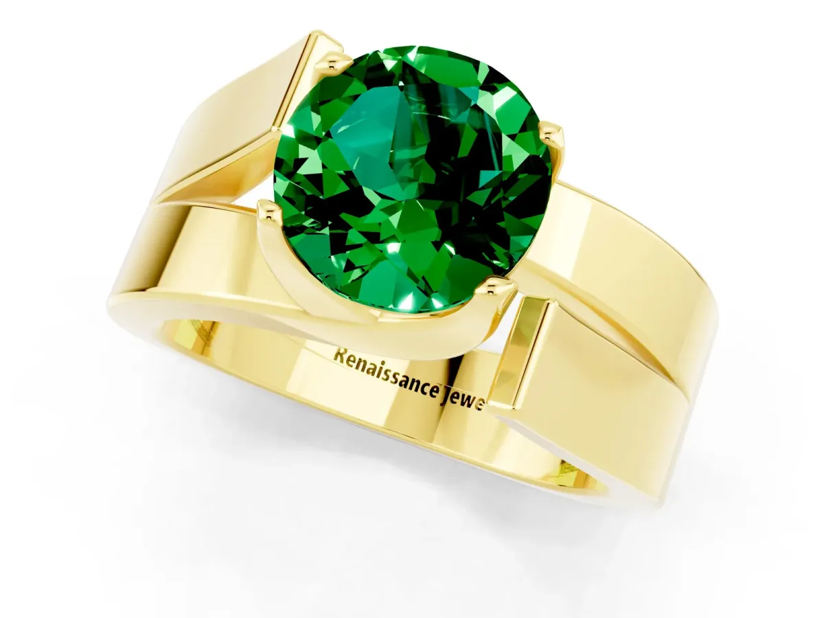 Modern Tension Set Round Cut Emerald Solitaire Wide Band Ring Yellow gold