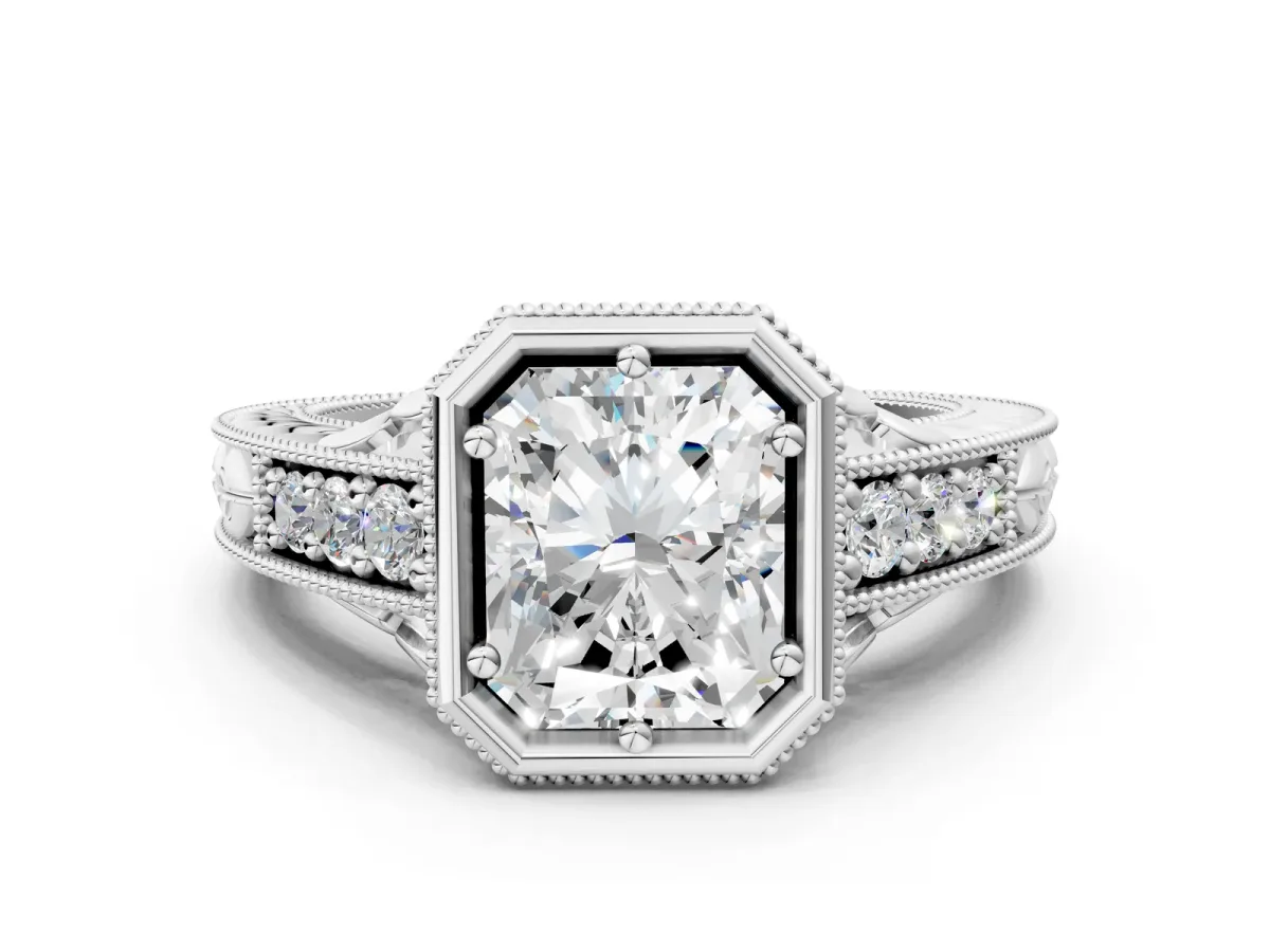 Bezel Set Radiant Cut Diamond Milgrain Pave Engagement Ring Platinum