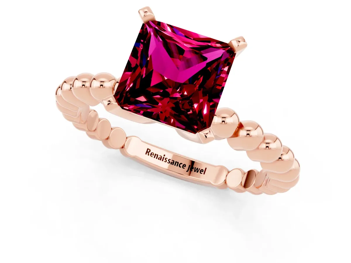 Princess Cut Garnet Solitaire Ring with Beaded Band and Prong Setting Rose gold