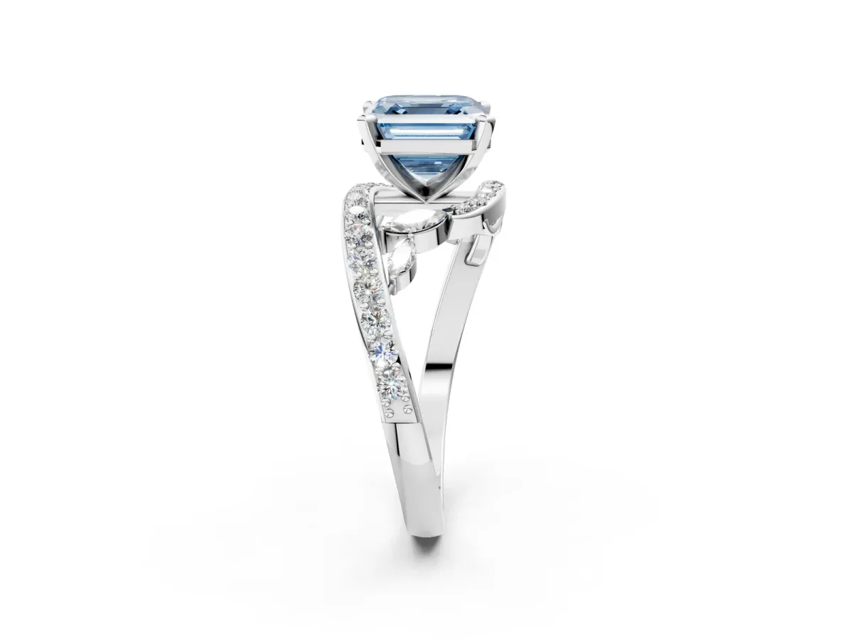 Fancy Blue Asscher Cut Solitaire with Pavé Twist Band and Four-Prong Setting Platinum