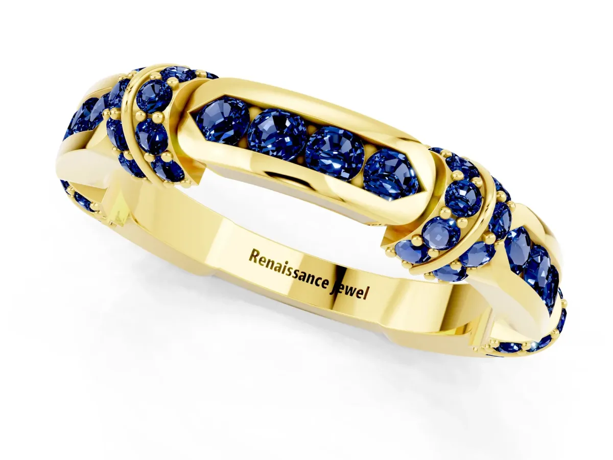 Pavé Round Blue Sapphire Link Band with Bezel Setting Yellow gold