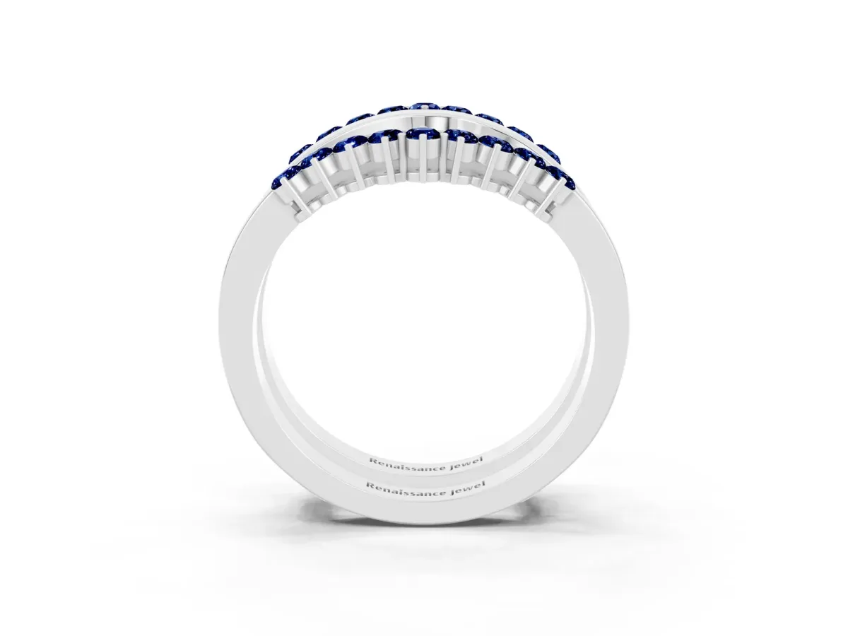 Round Blue Sapphire Chevron Contour Band with Prong Setting White gold