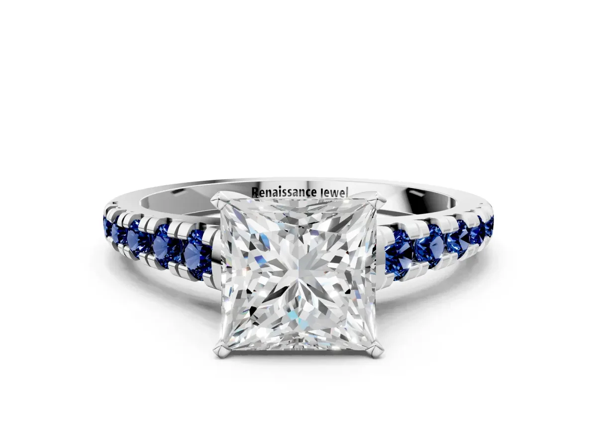 Princess Cut Diamond Cathedral Solitaire Ring with Round Blue Sapphire Pavé Band Silver