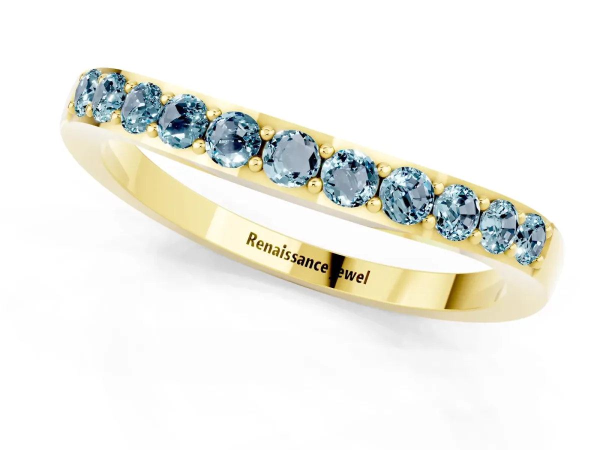 Round Aquamarine Curved Wedding Band with Channel Setting Yellow gold