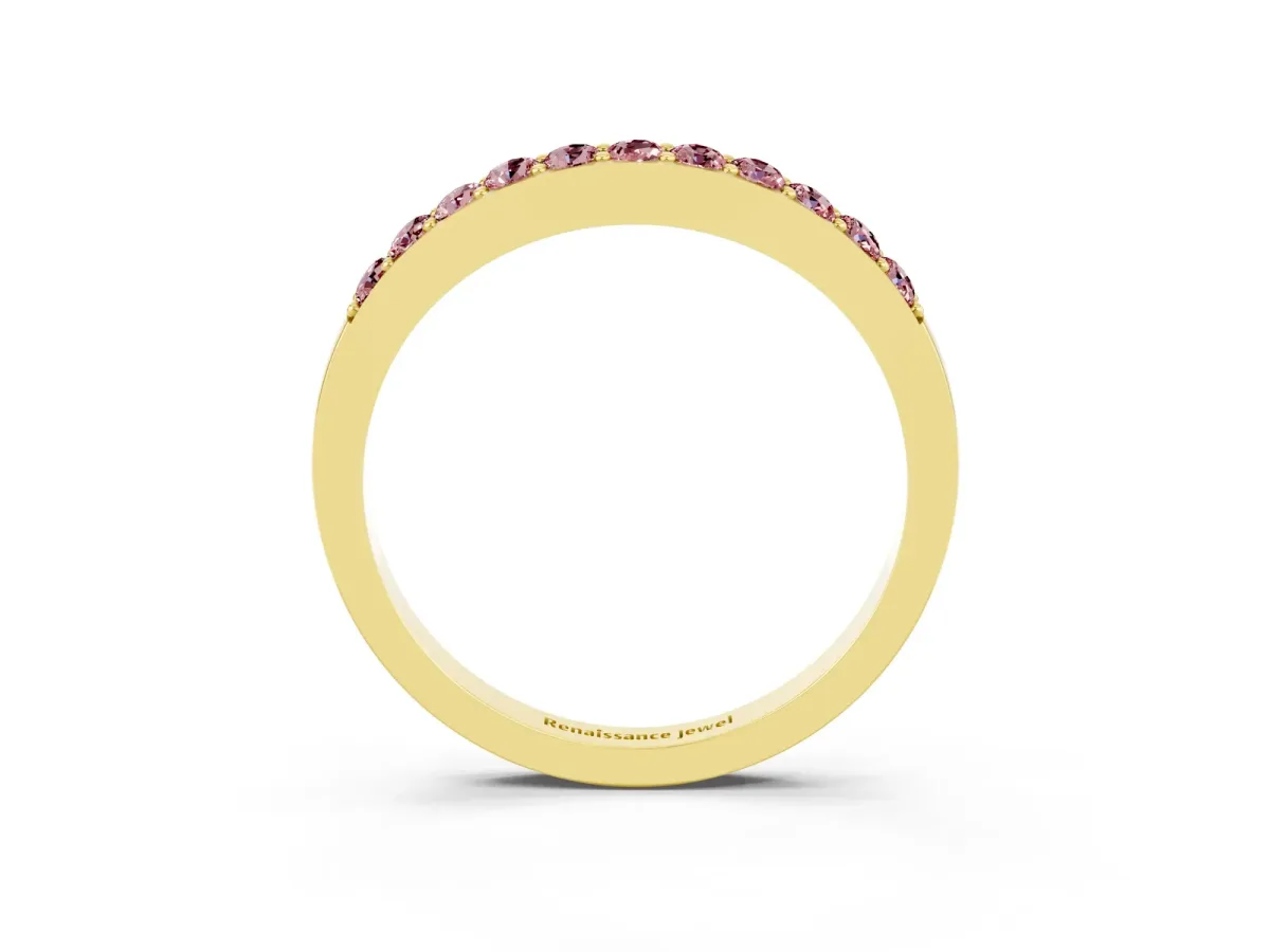 Round Morganite Curved Wedding Band with Channel Setting Yellow gold