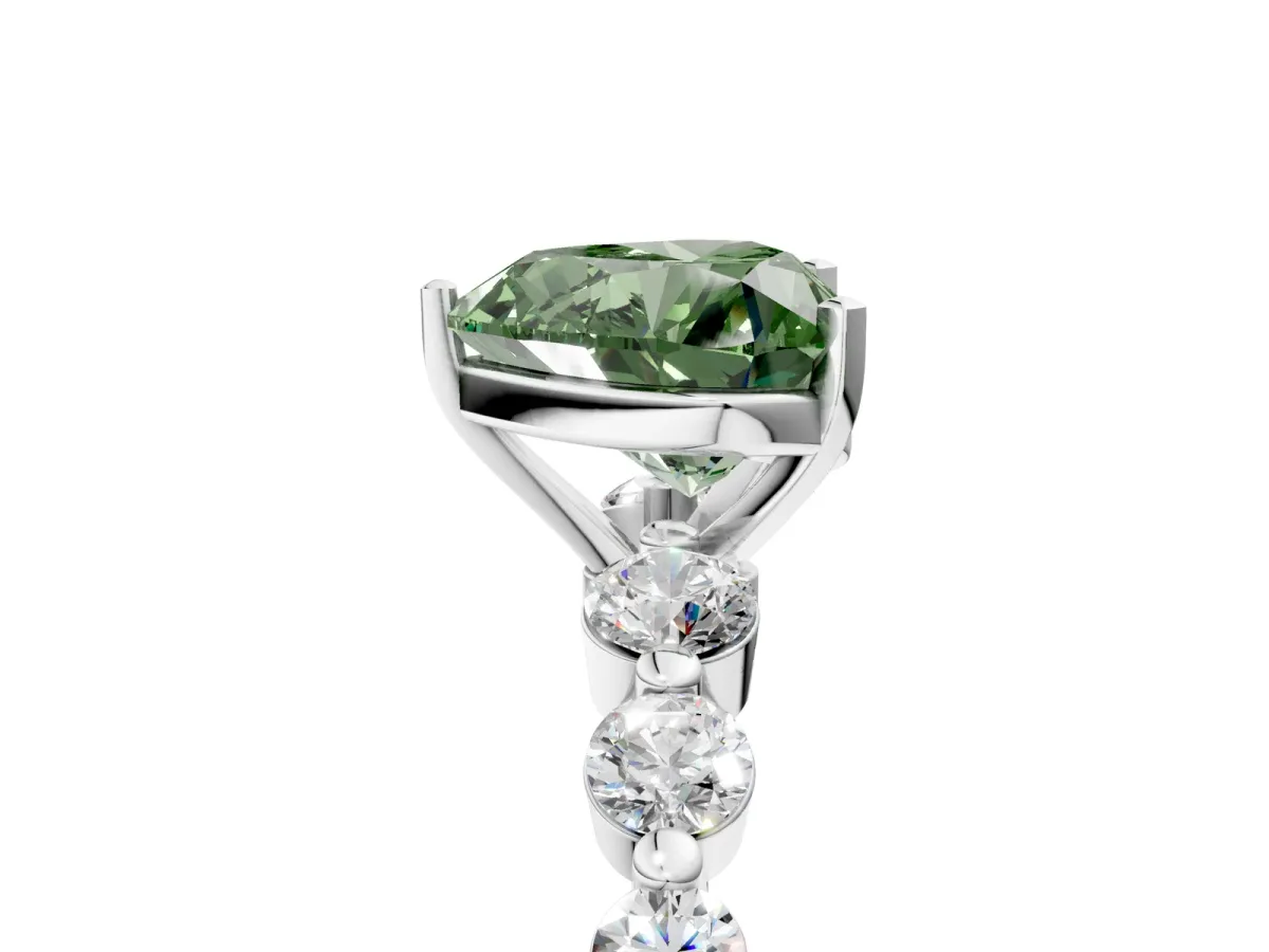 Fancy Green Heart Cut Solitaire Diamond Ring with Pave Band and Four-Prong Setting Silver