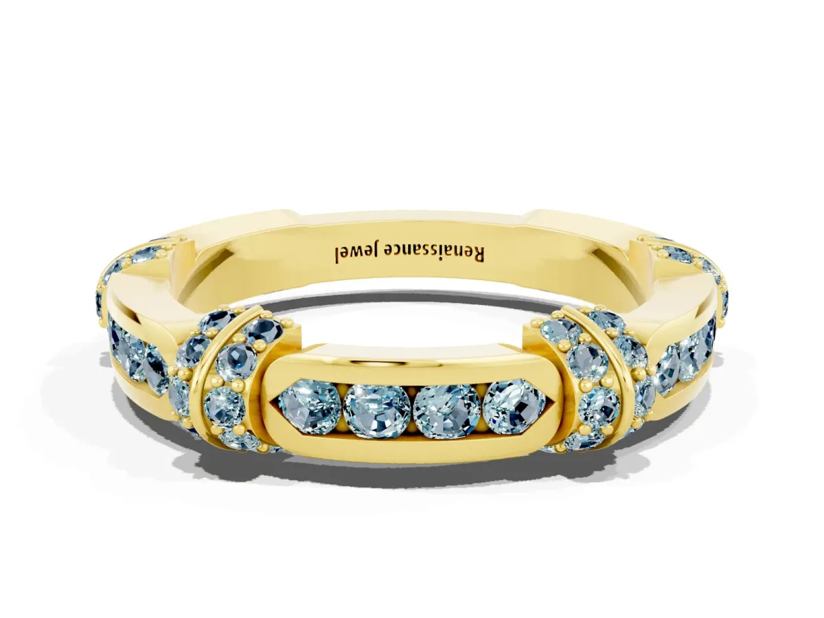 Pavé Round Aquamarine Link Band with Bezel Setting Yellow gold