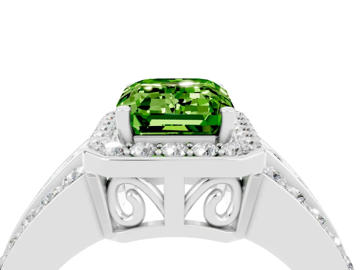 Emerald Cut Halo Peridot Ring with Round Split Shank and Prong Setting Platinum