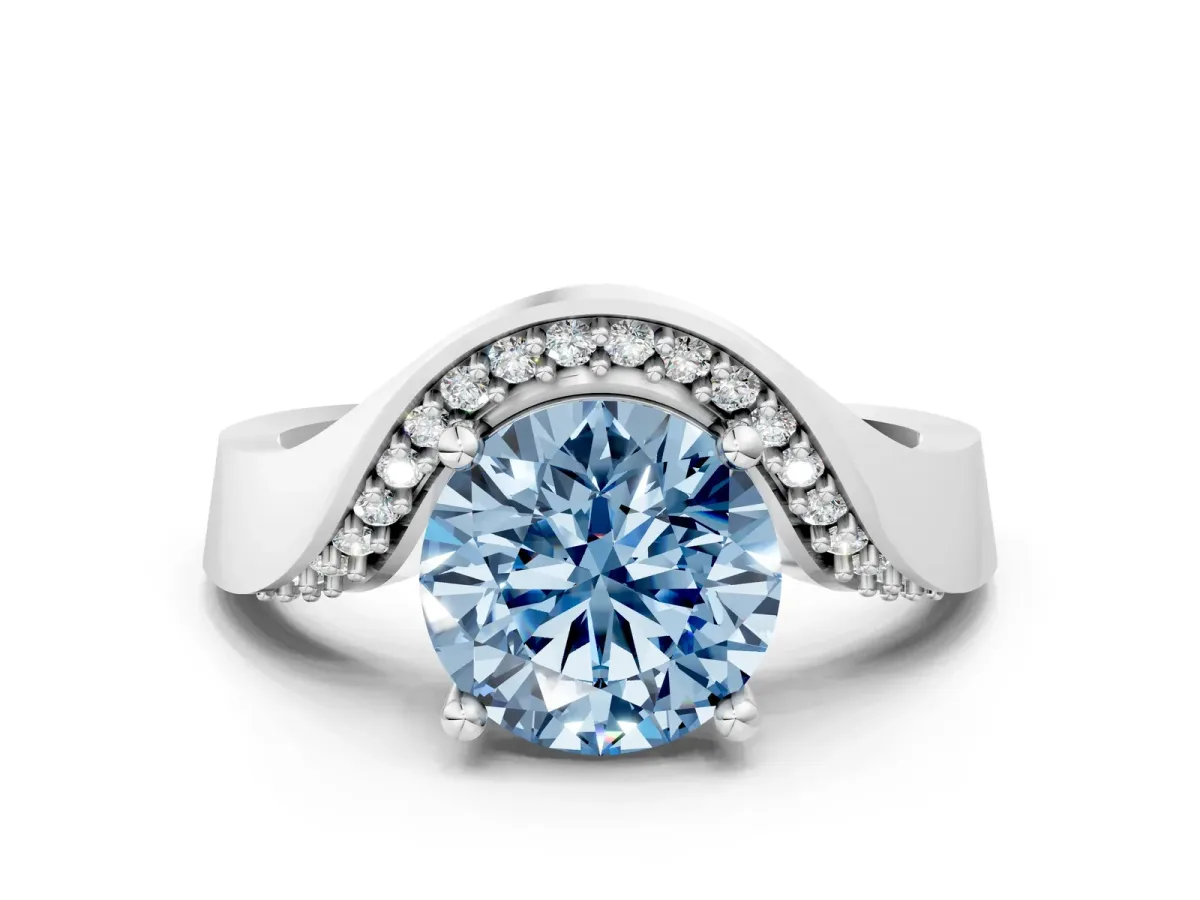 Fancy Blue Round Cut Solitaire Diamond Engagement Ring with Pave Band and Four-Prong Setting Platinum