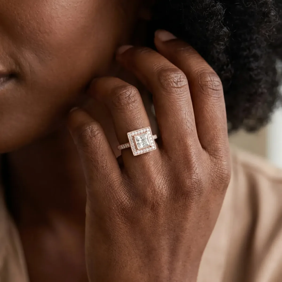 Princess Cut Cut Halo Pavé Diamond Ring Rose gold