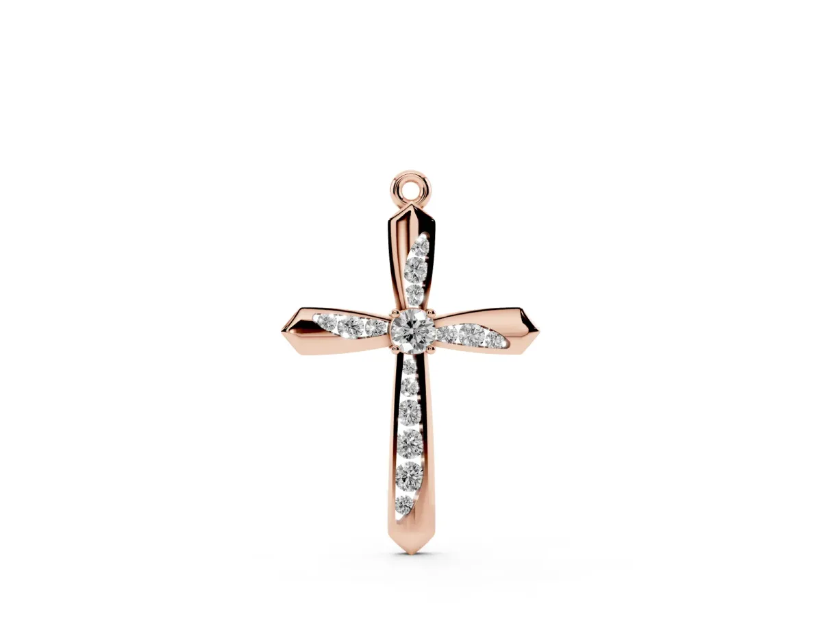 Gold Cross Pendant with Round Cut Stones and Prong Setting Rose gold
