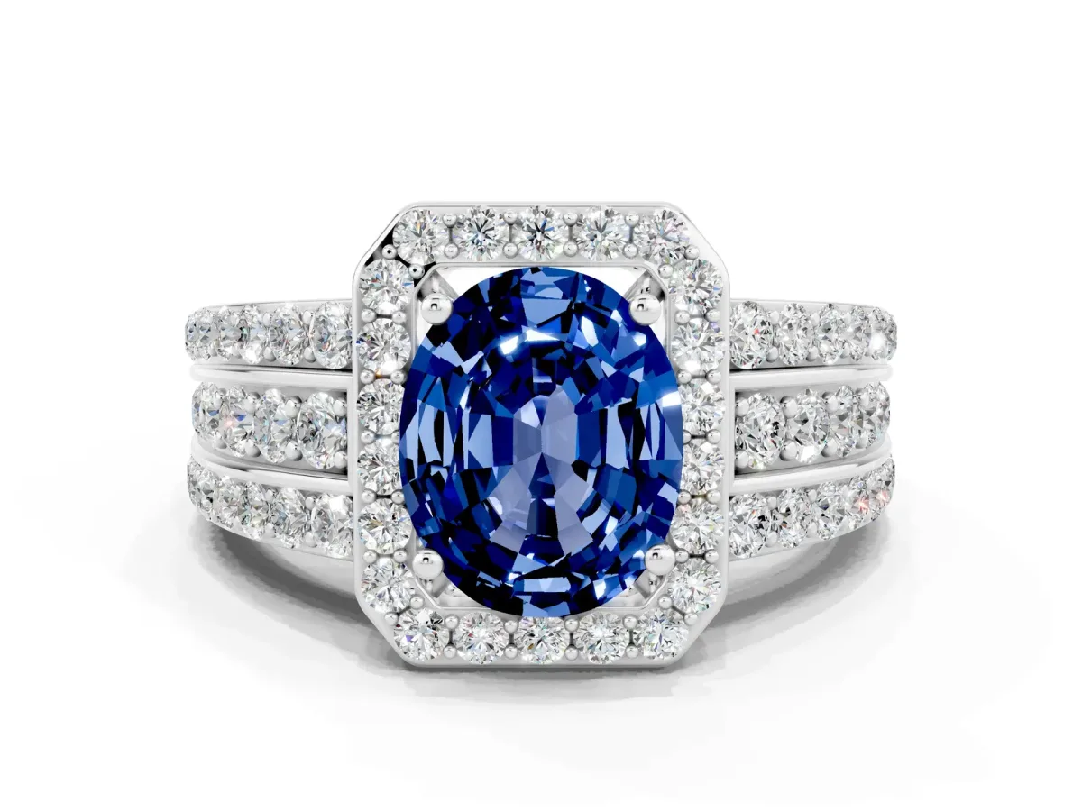 Oval Cut Halo Blue Sapphire Ring with Round Split Shank and Prong Setting Platinum