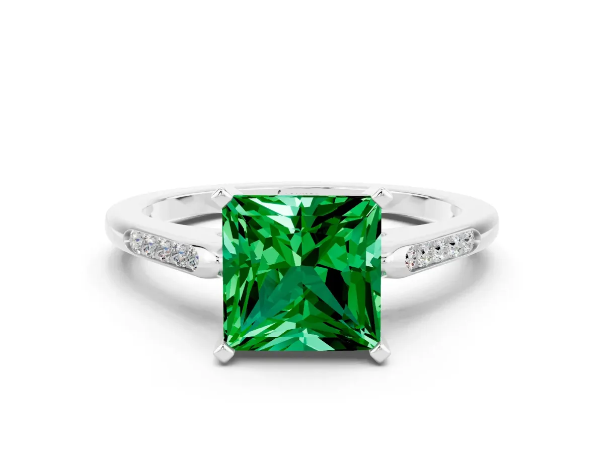 Princess Cut Emerald Solitaire Ring with Channel Set Round Band and Prong Setting Silver