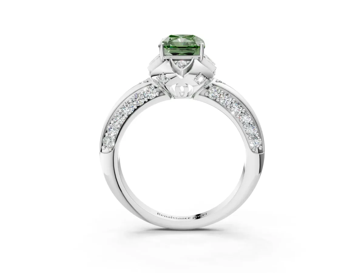 Fancy Green Radiant Cut Halo Split Shank Pave Diamond Ring with Petal Prong Setting Platinum