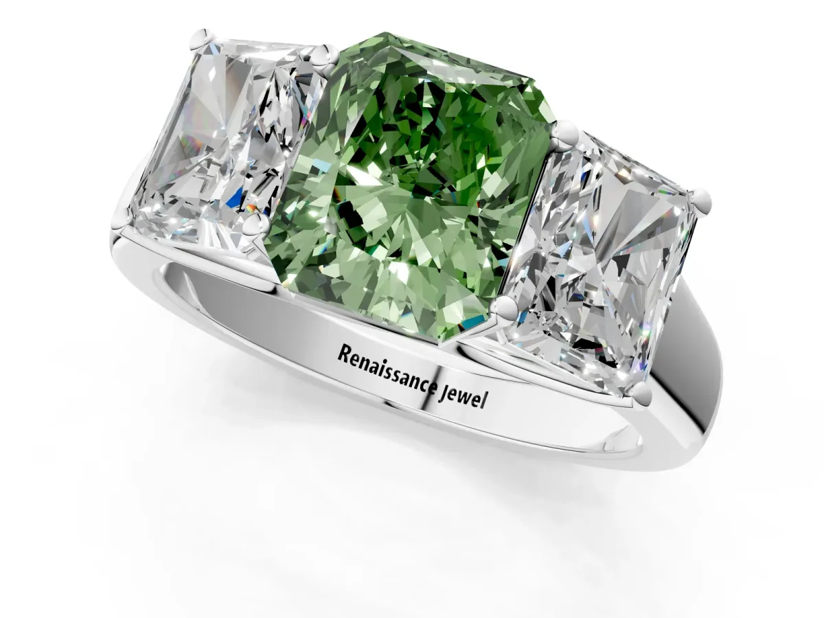 Fancy Green Radiant Cut Three-Stone Diamond Ring with Prong Setting on a Classic Band Platinum