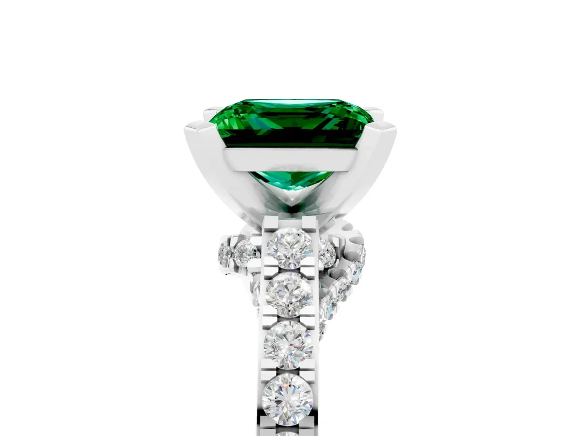 Princess Cut Emerald Solitaire Ring with Crossover Gallery and Round Pavé Band Silver