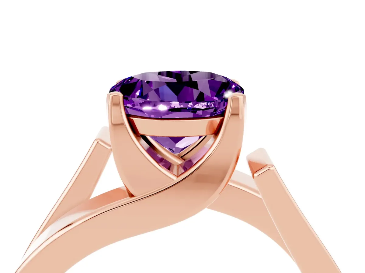 Modern Tension Set Round Cut Amethyst Solitaire Wide Band Ring Rose gold
