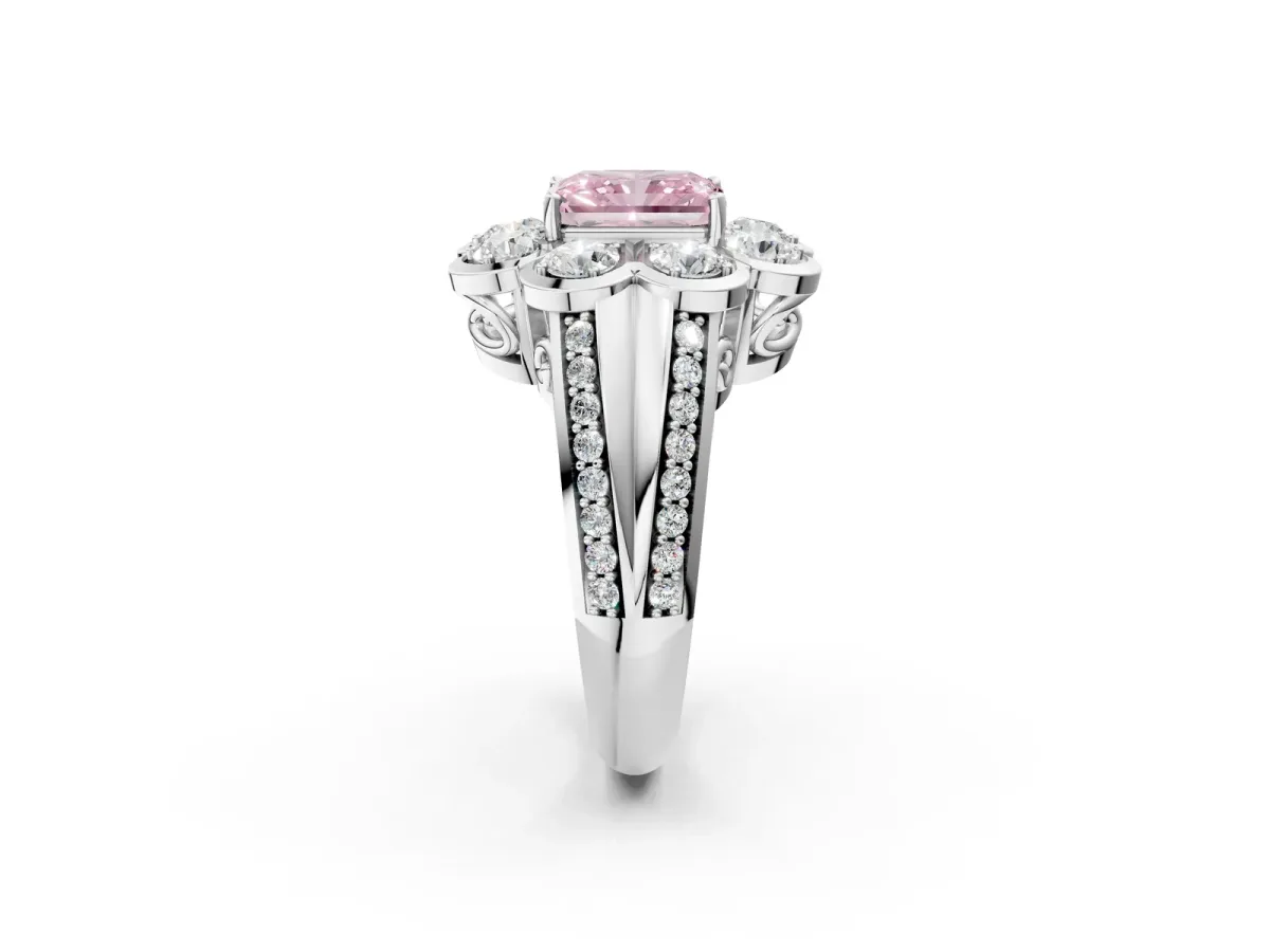 Fancy Pink Radiant Cut Brilliant Flower Halo Diamond Split Shank Ring Platinum