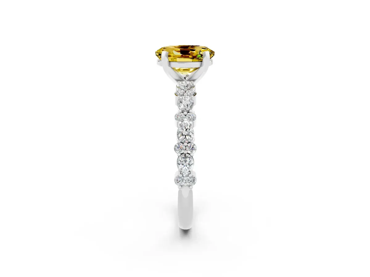 Oval Cut Yellow Sapphire Side Stone Solitaire Ring with Round and Four-Prong Setting White gold