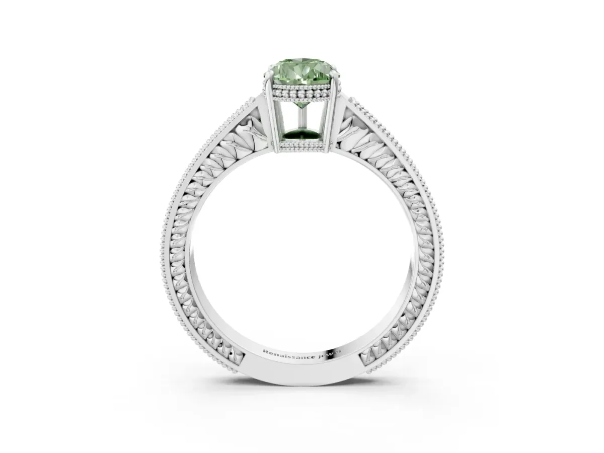 Fancy Green Pear Cut Diamond Ring with Milgrain Pavé Band and Four-Prong Setting Platinum