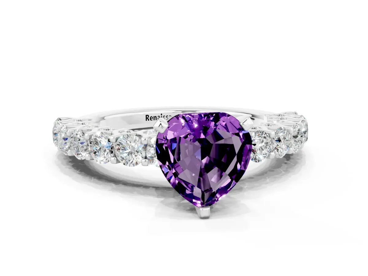 Heart Cut Amethyst Solitaire Ring with Shared Prong Pavé Band and Four-Prong Setting Silver