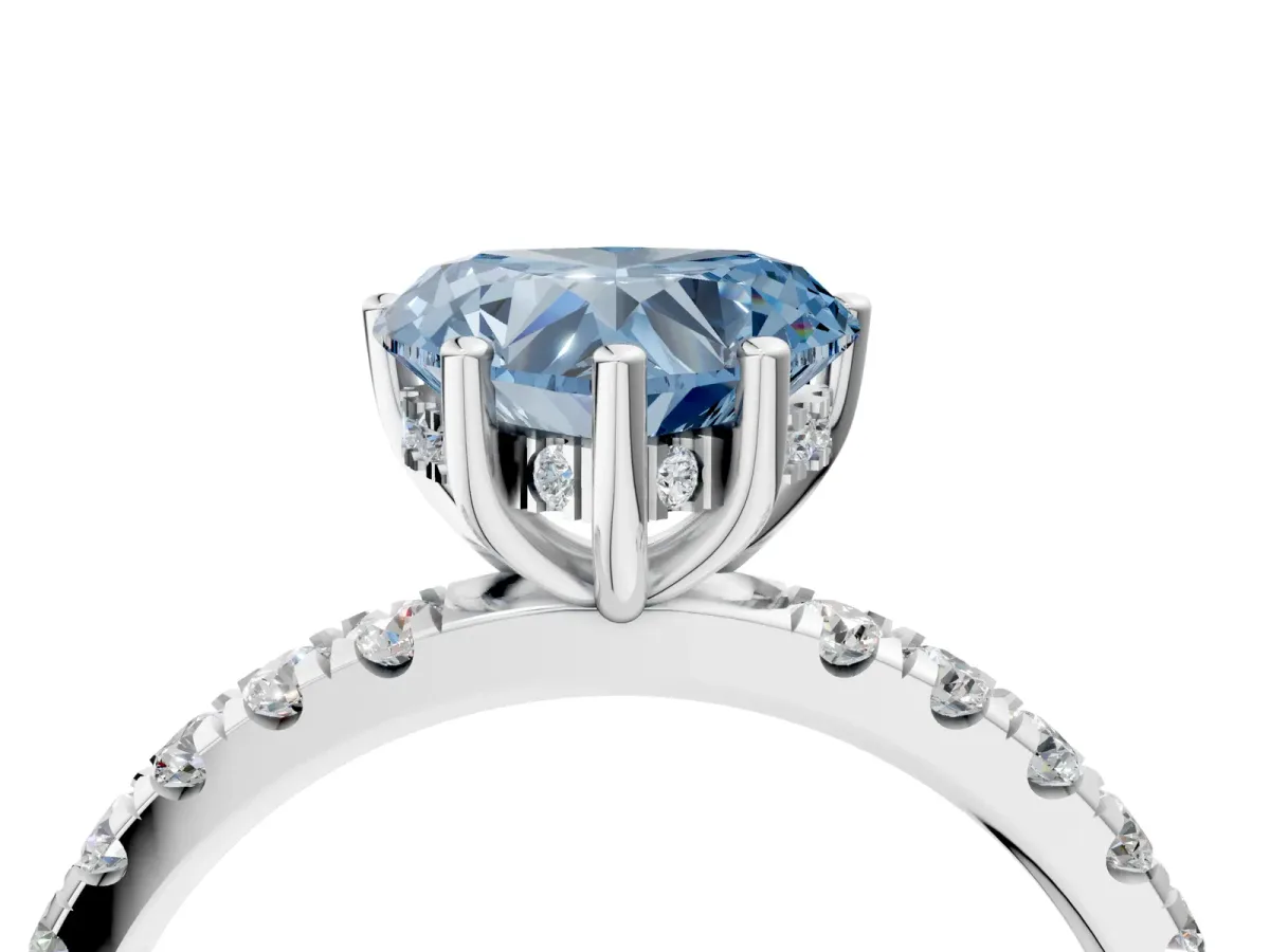 Fancy Blue Heart Cut Diamond Pave Band Solitaire Ring with Round and Prong Setting Platinum