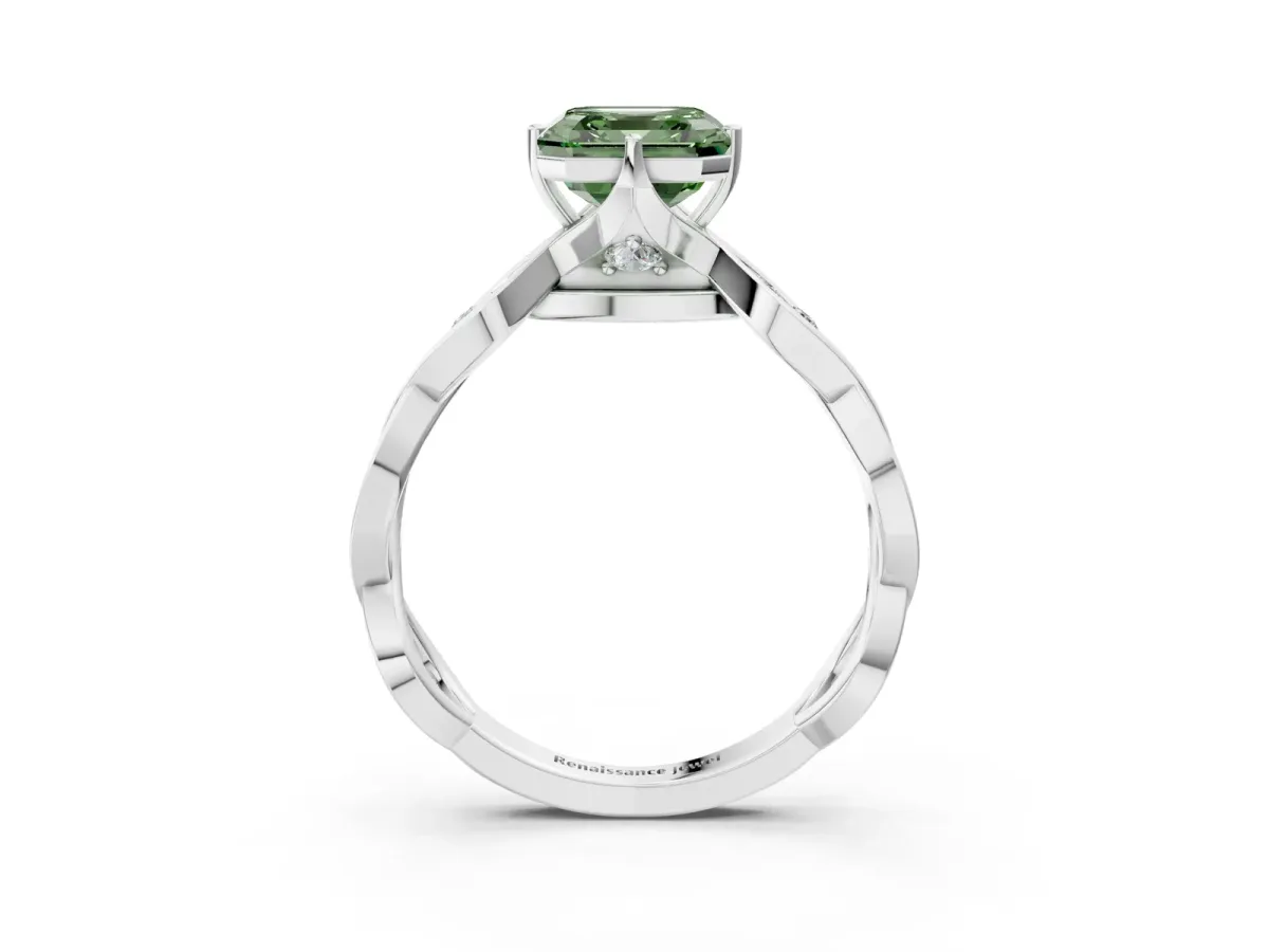 Fancy Green Asscher Cut Solitaire Twist Band with Leaf Prong Setting Platinum