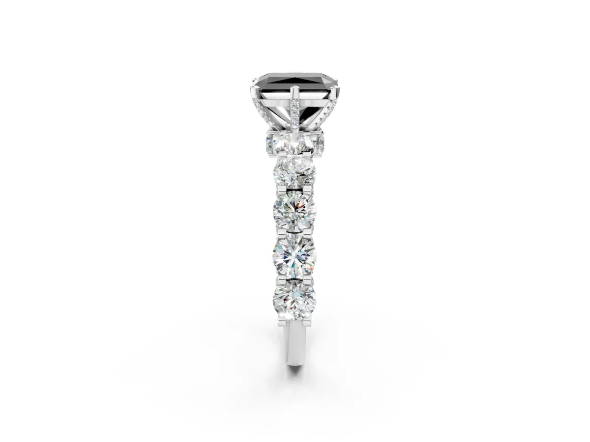 Fancy Black Radiant Cut Diamond Side Stone Engagement Ring with Four-Prong Setting White gold