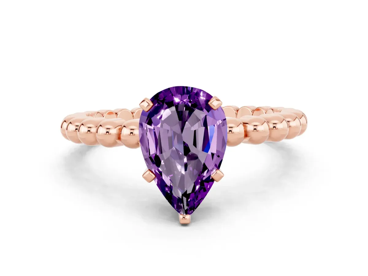 Pear Cut Amethyst Solitaire Ring with Beaded Band and Prong Setting Rose gold