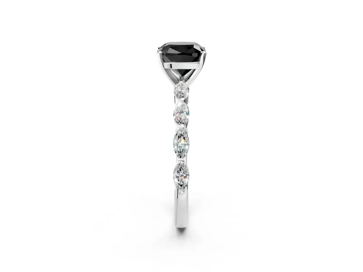 Fancy Black Cushion Cut Diamond Ring with Marquise Side Stones and Prong Setting Platinum