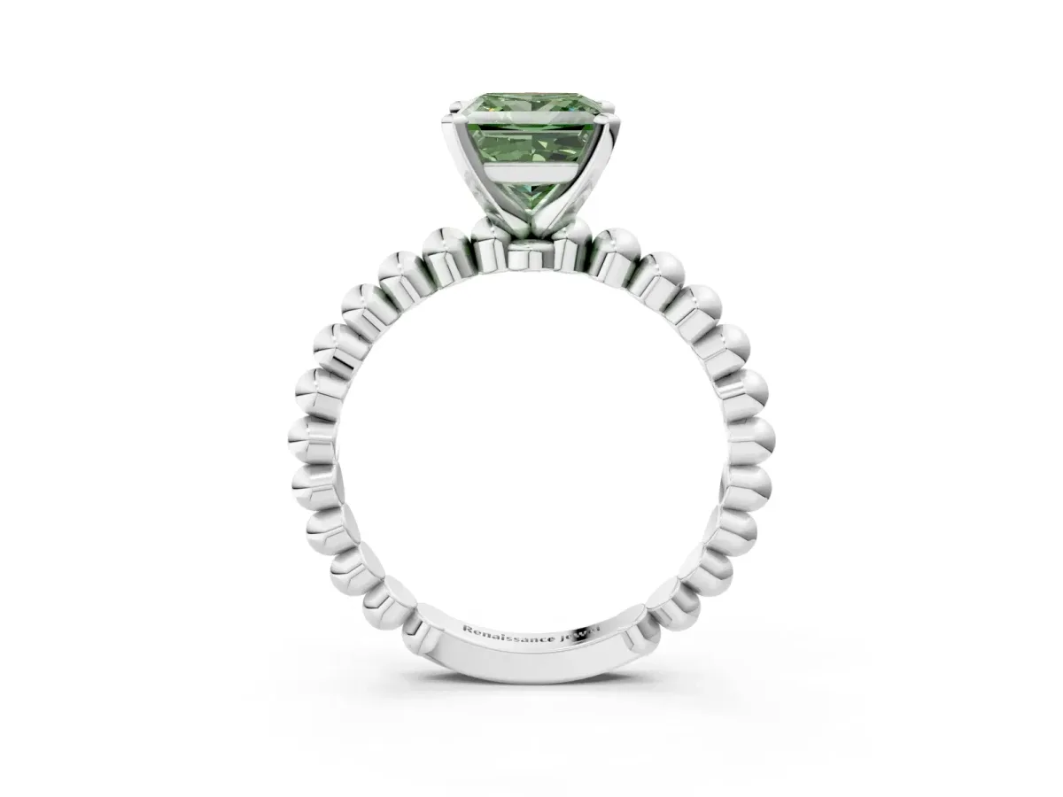 Fancy Green Princess Cut Diamond Solitaire Ring with Beaded Band and Prong Setting Silver