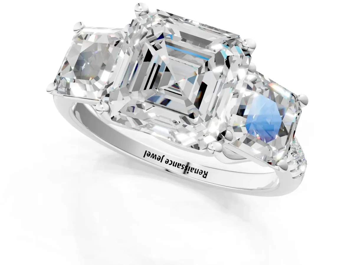 Three-Stone Asscher Cut Diamond Ring with Round Moissanite Pavé Band and Prong Setting Silver