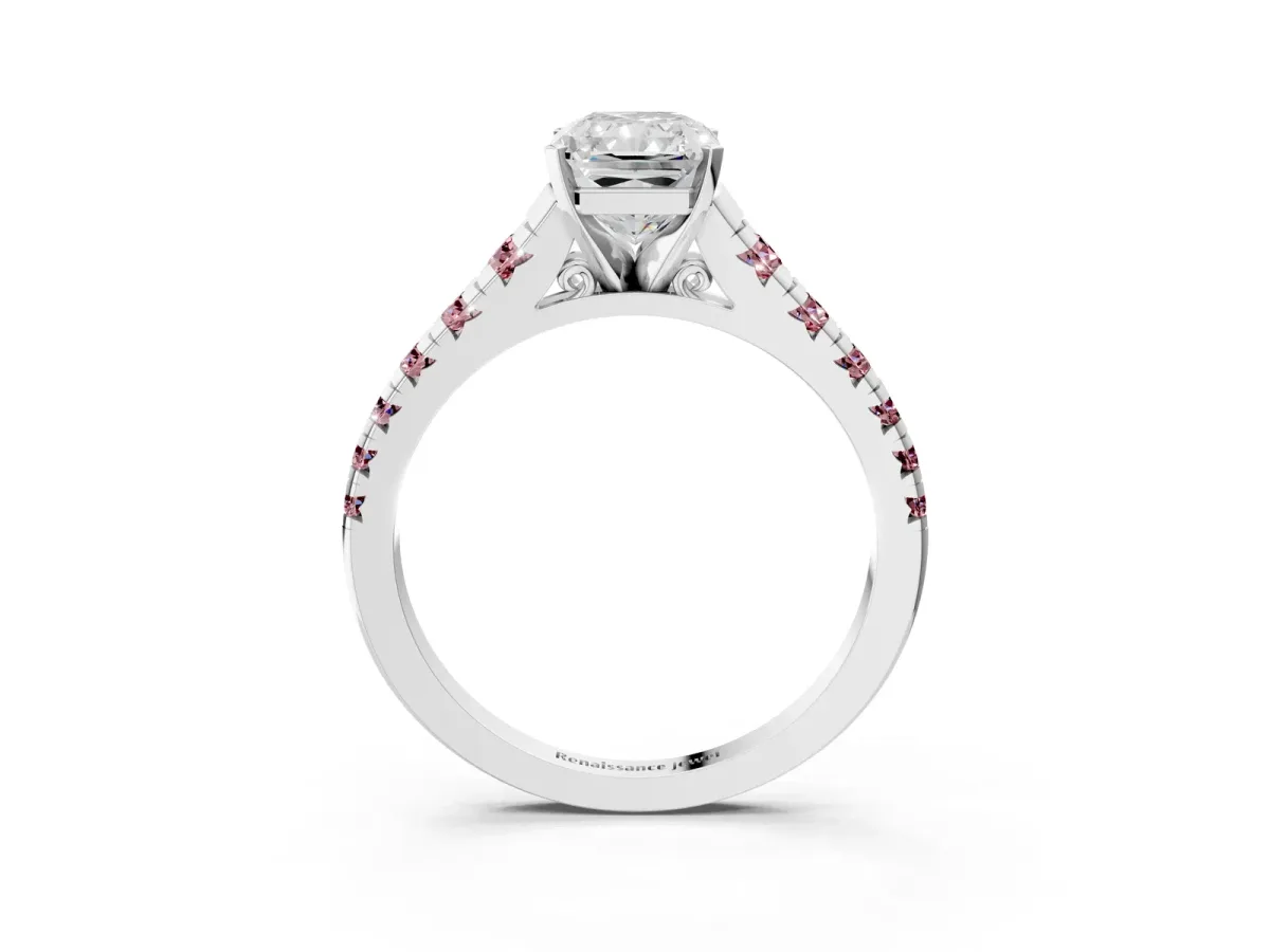 Radiant Cut Diamond Cathedral Solitaire Ring with Round Morganite Pavé Band Silver