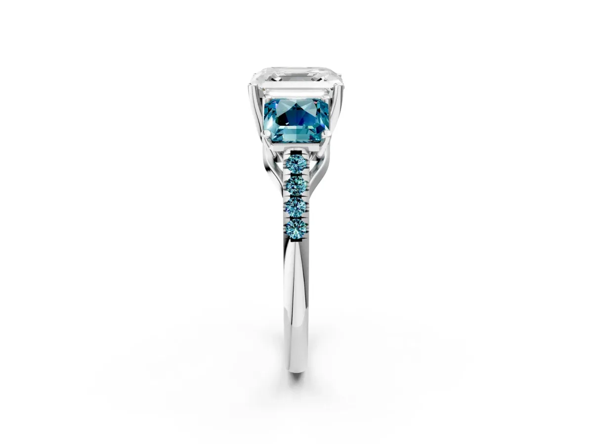 Three-Stone Asscher Cut Diamond Ring with Round Blue Topaz Pavé Band and Prong Setting Silver