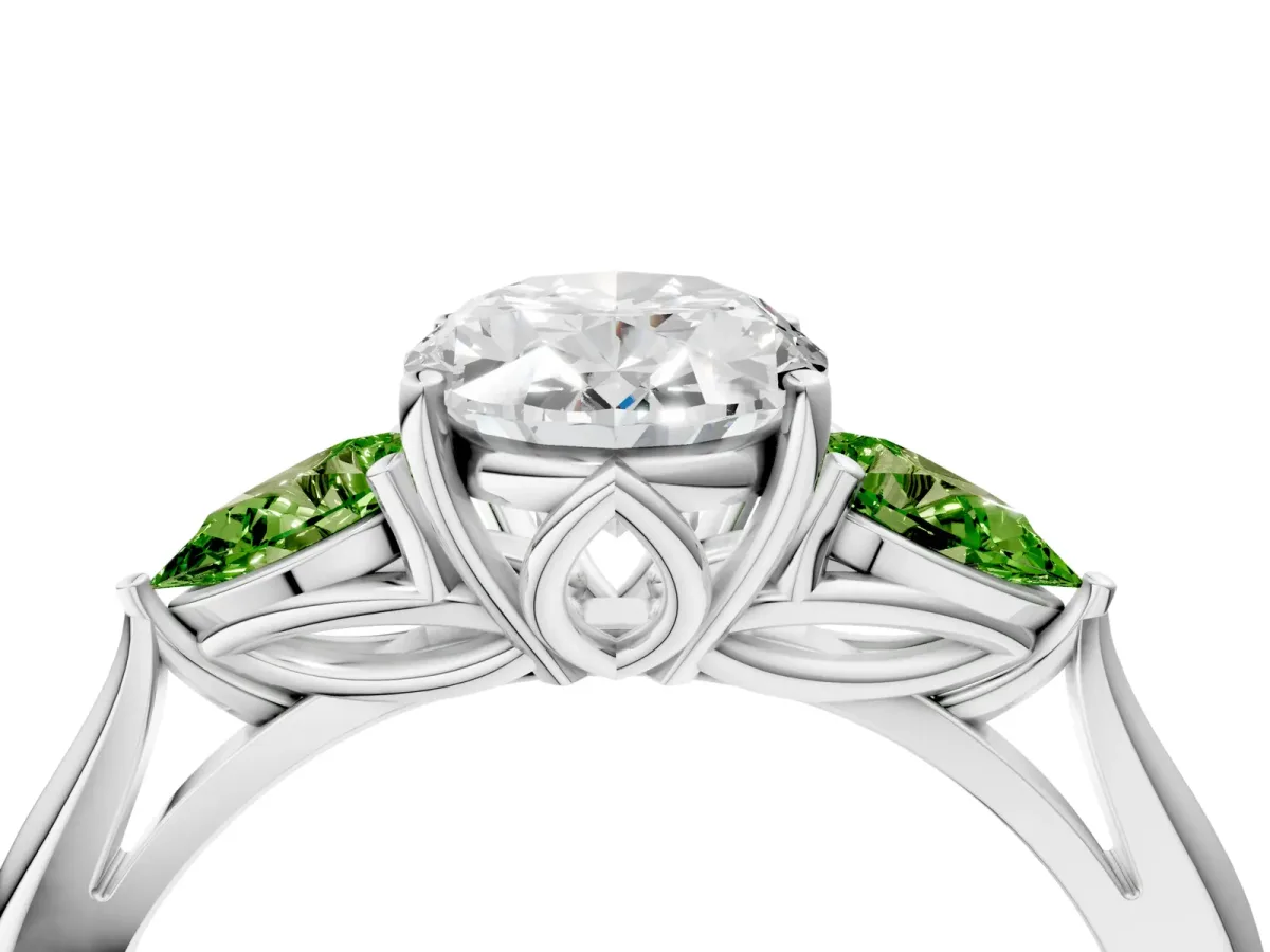Oval Cut Diamond Three-Stone Ring with Pear Peridot Side Stones and Prong Setting White gold