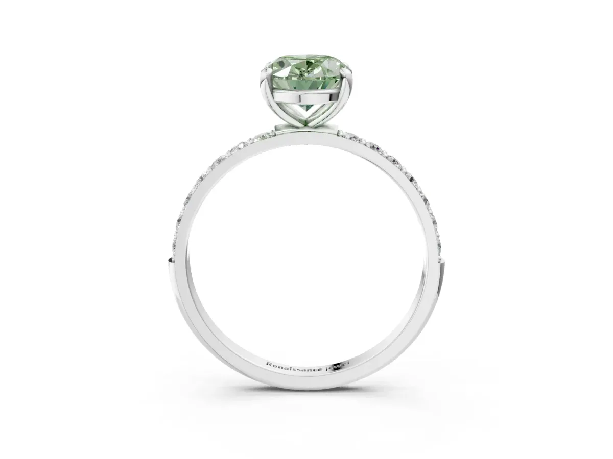 Fancy Green Oval Cut Diamond Solitaire Ring with Round Pavé Band and Prong Setting Silver