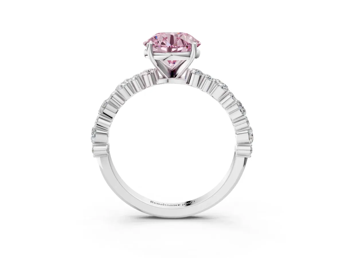 Fancy Pink Round Cut Diamond Side Stone Solitaire Ring with Round and Four-Prong Setting Silver