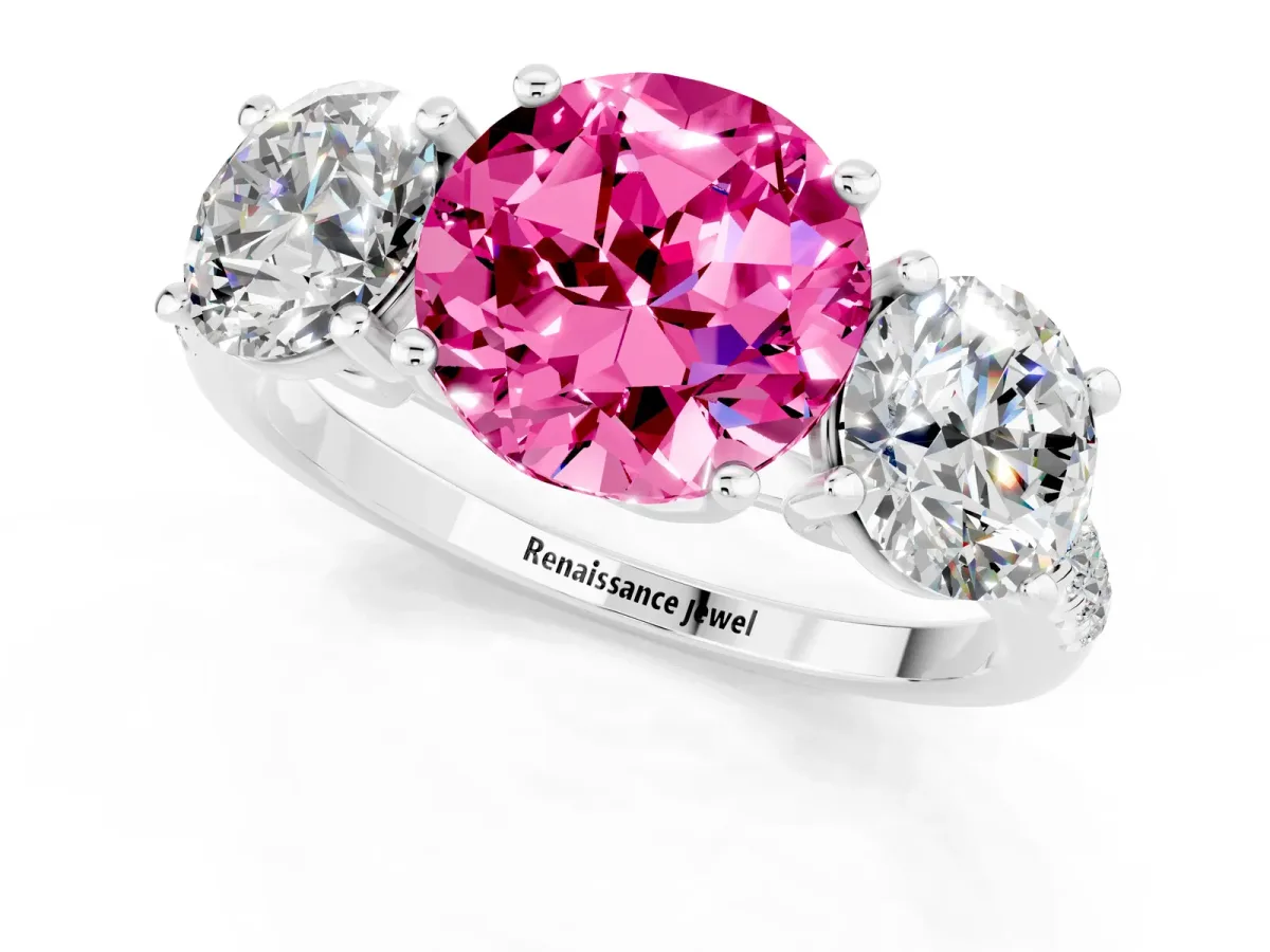 Three-Stone Round Cut Pink Sapphire Ring with Round Pavé Band and Prong Setting Silver