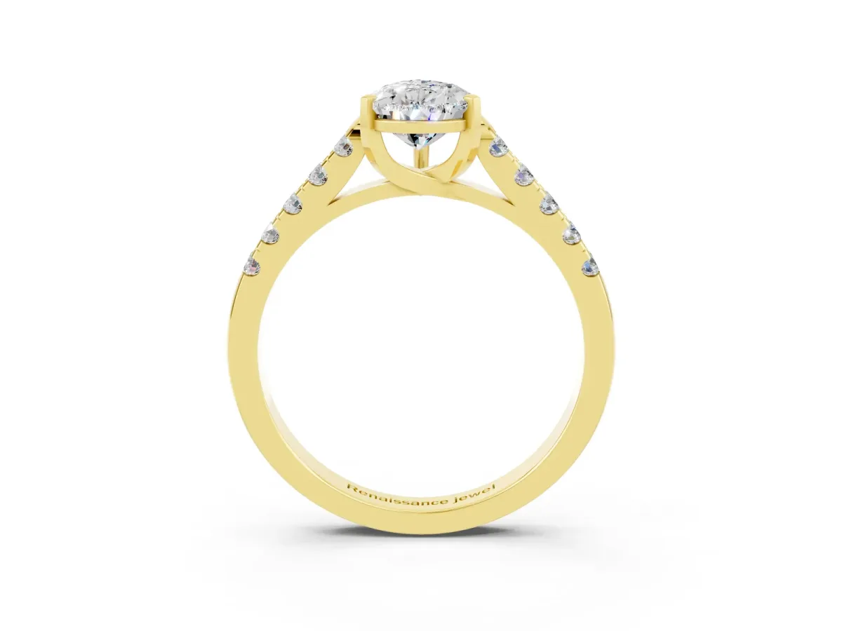 Pear Cut Moissanite Pavé Band Solitaire Ring with Prong Setting Yellow gold