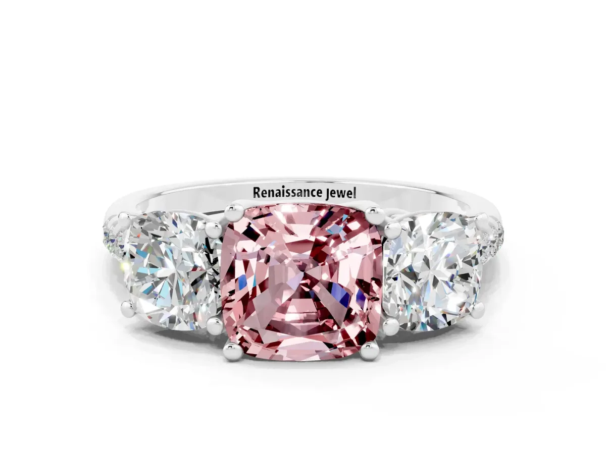 Three-Stone Cushion Cut Morganite Ring with Round Pavé Band and Prong Setting Silver