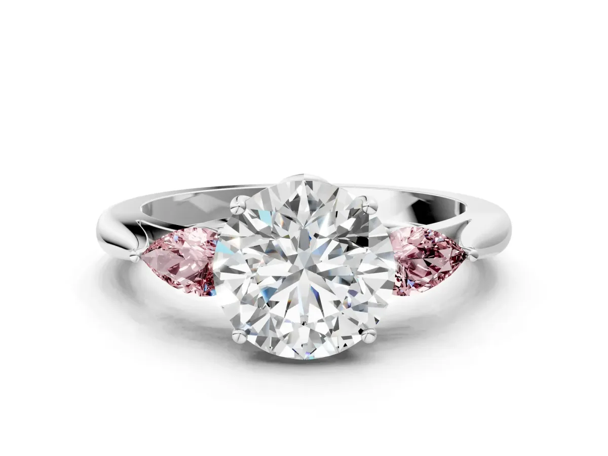 Round Cut Diamond Three-Stone Ring with Pear Morganite Side Stones and Prong Setting Silver