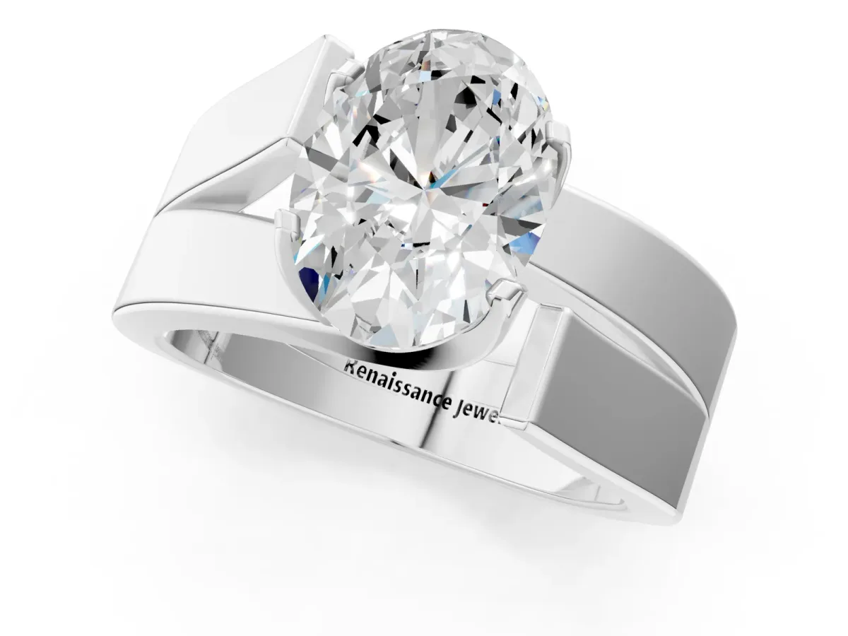 Modern Tension Set Oval Cut Diamond Solitaire Wide Band Ring Platinum