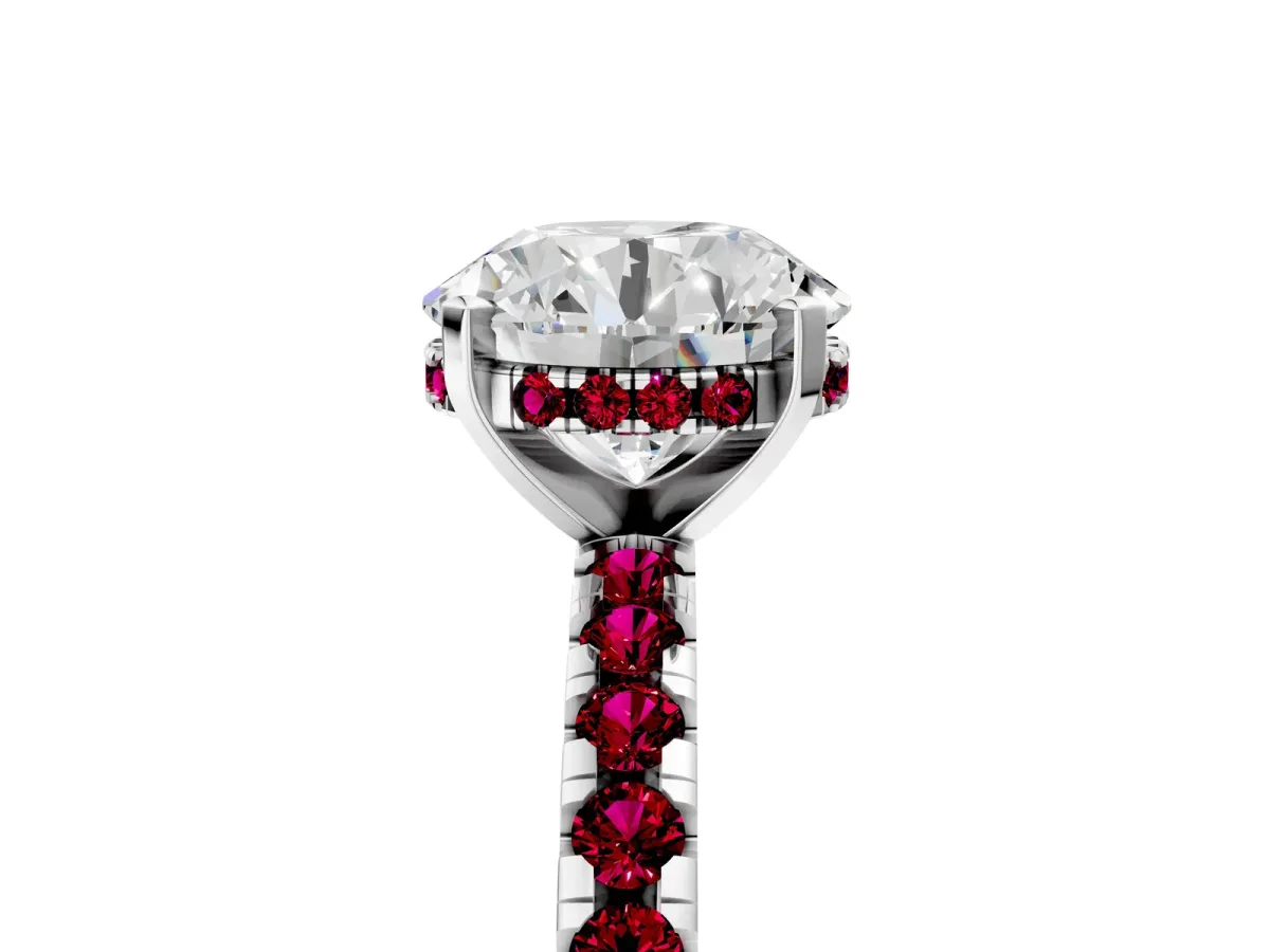 Round Cut Diamond Solitaire Ring with Round Garnet Pavé Band and Four-Prong Setting Silver