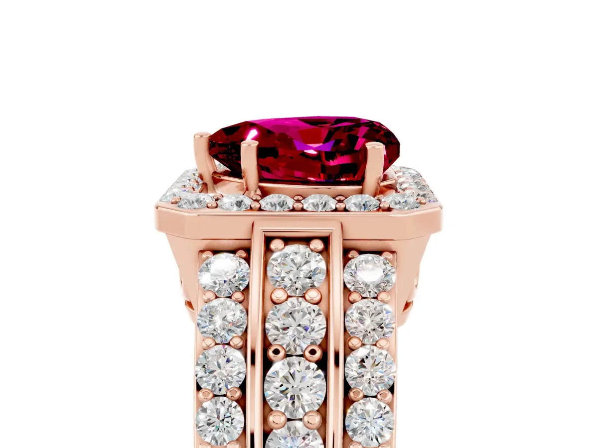 Heart Cut Halo Garnet Ring with Round Split Shank and Prong Setting Rose gold