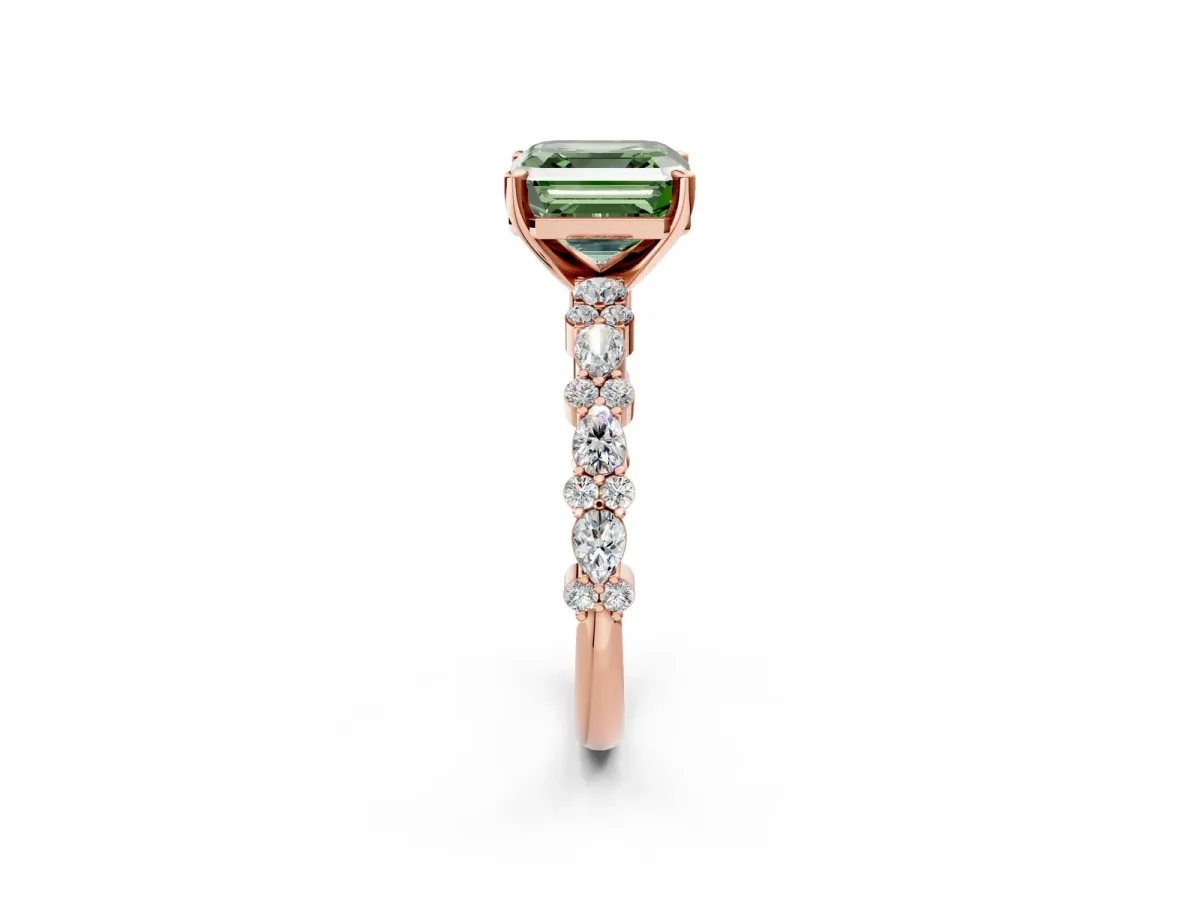 Fancy Green Asscher Cut Diamond Side Stone Solitaire Ring with Round and Four-Prong Setting Rose gold