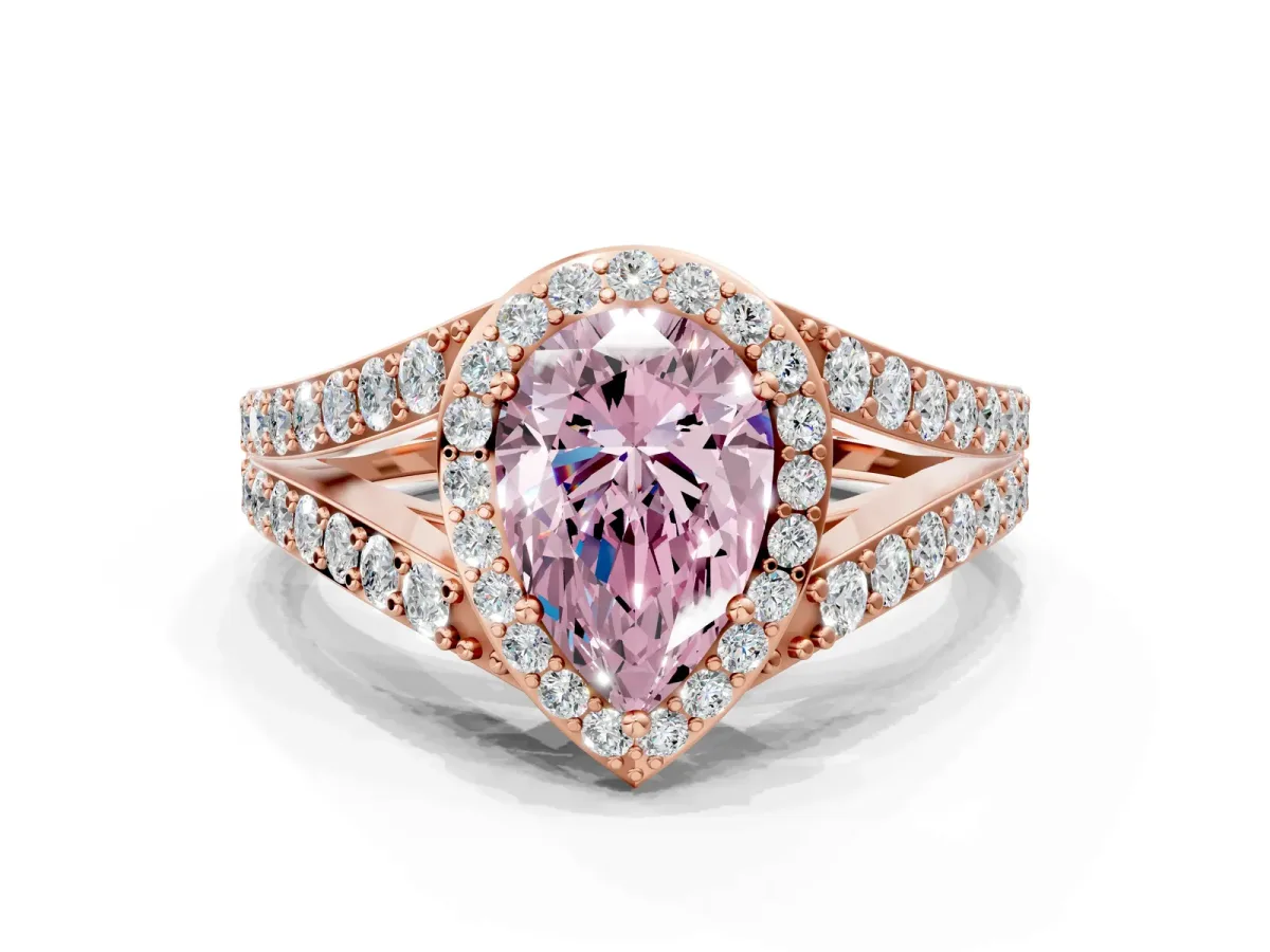 Fancy Pink Pear Cut Diamond Split Shank Halo Ring with Four-Prong Setting Rose gold