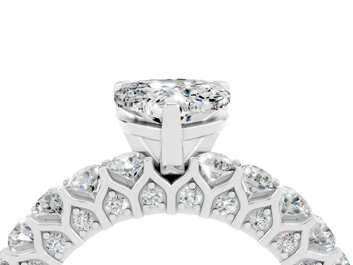 Heart Cut Moissanite Solitaire Ring with Shared Prong Pavé Band and Four-Prong Setting Silver